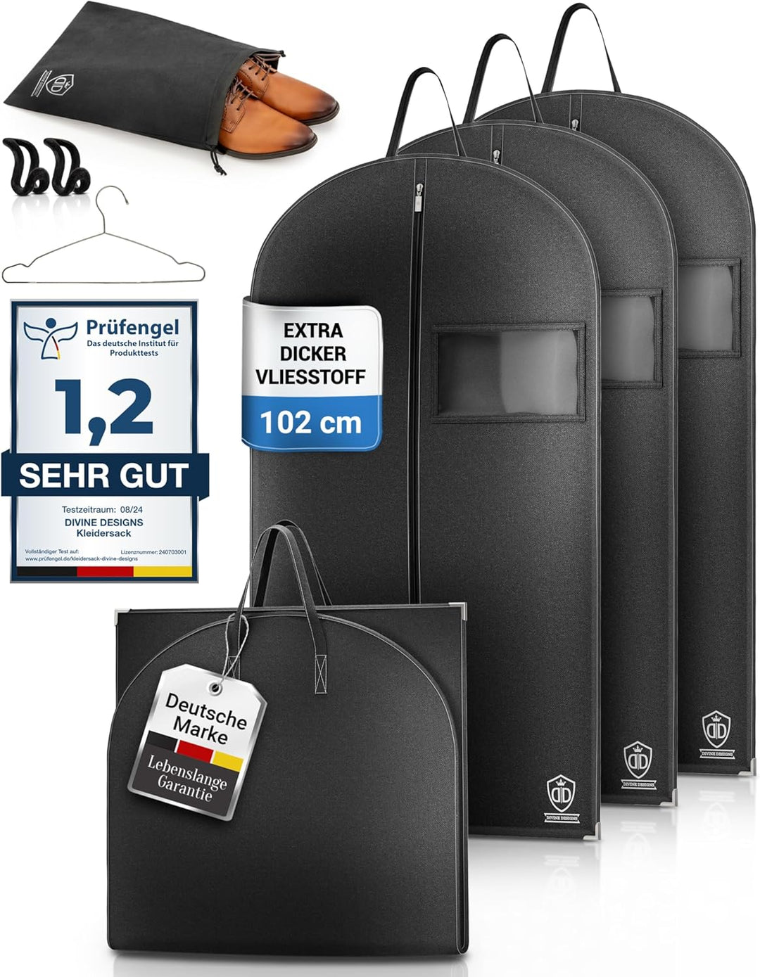 3 x Kleidersack Anzug + Bonus Schuhbeutel - 102 x 60 cm - Kleiderhülle Hält Ein Leben Lang | Anzugta