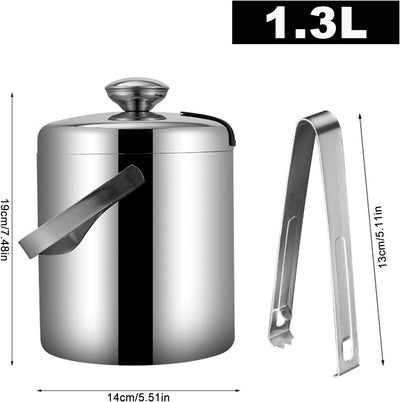 Emsmil Eiseimer mit Deckel Zange und Sieb 1.3L Eiskübel Edelstahl Doppelstöckiger Design Eisbehälter