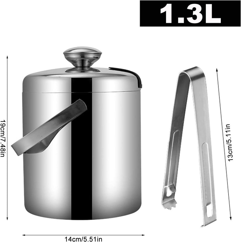 Emsmil Eiseimer mit Deckel Zange und Sieb 1.3L Eiskübel Edelstahl Doppelstöckiger Design Eisbehälter