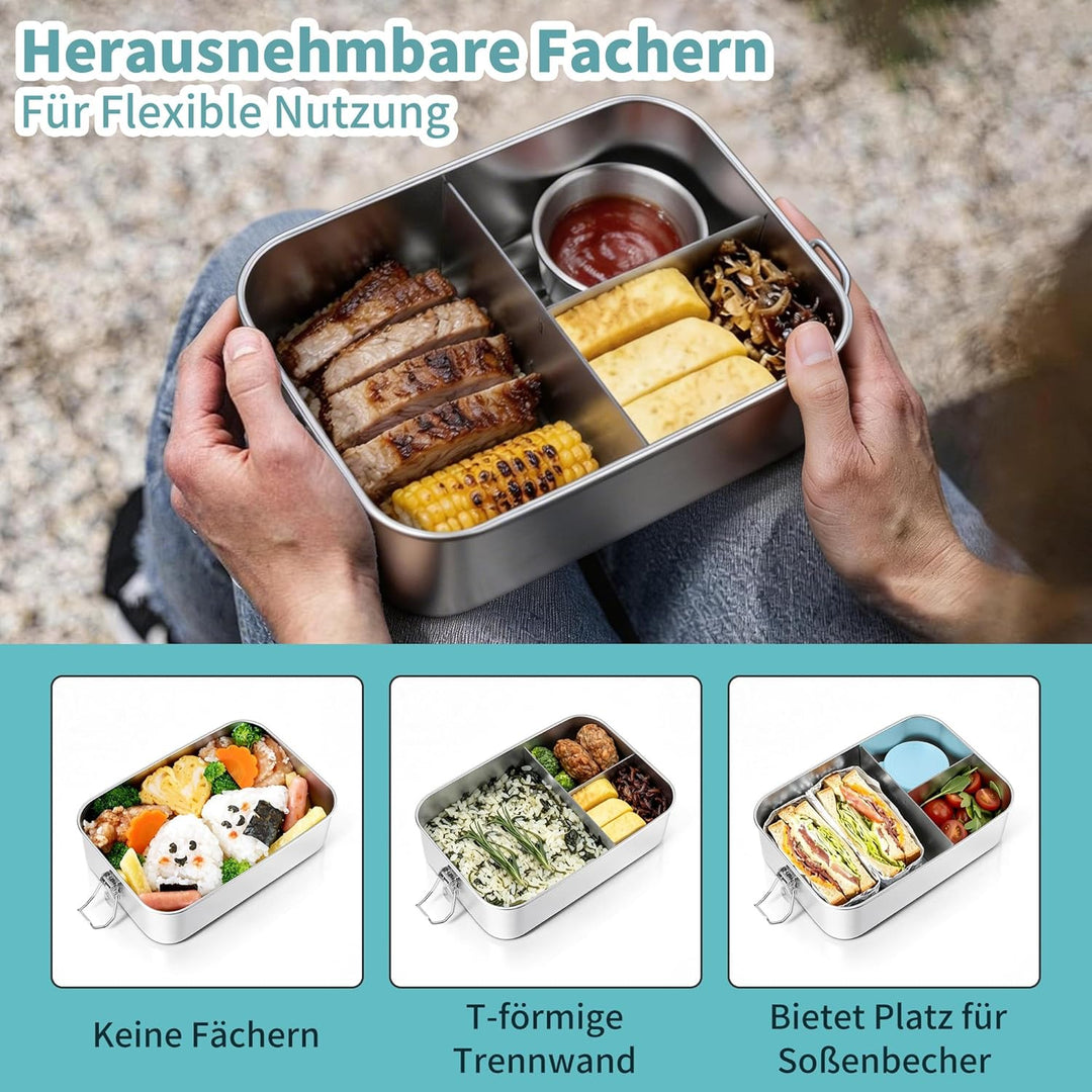 Joyfair Brotdose mit Fächern, Edelstahl Bento Box mit 3 Fächern, Metall Lunchbox Brotzeitdose mit Au
