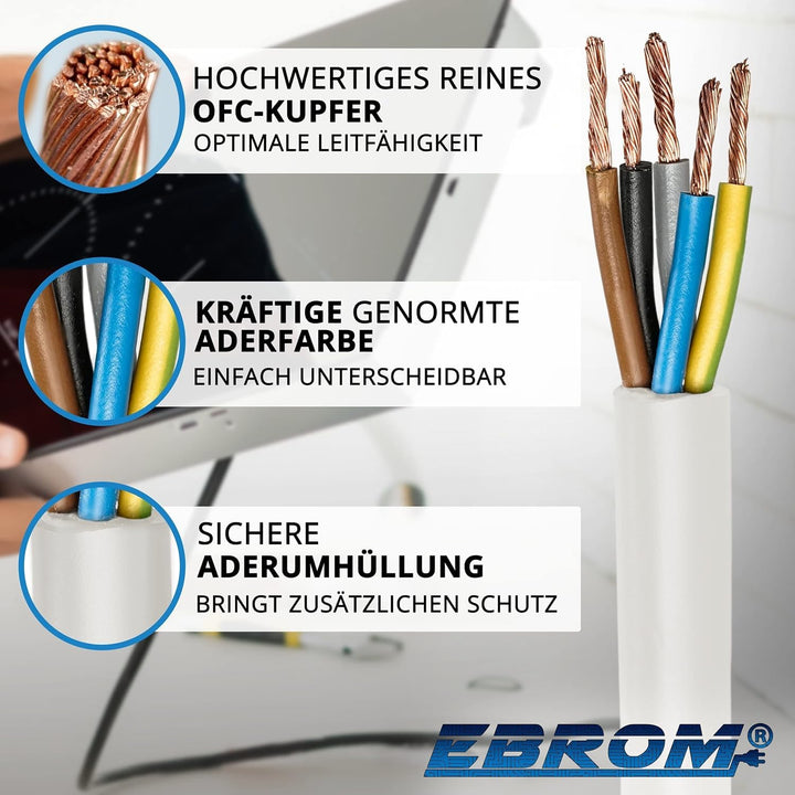 EBROM - 50 Meter - Herdanschlussleitung Herdkabel H05VV-F 5x2,5 mm² weiss