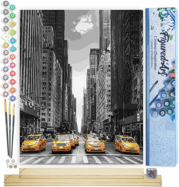 Figured'Art Malen Nach Zahlen Erwachsene Mit Rahmen Moderne Stadt und gelbe Taxis - Paint by Numbers