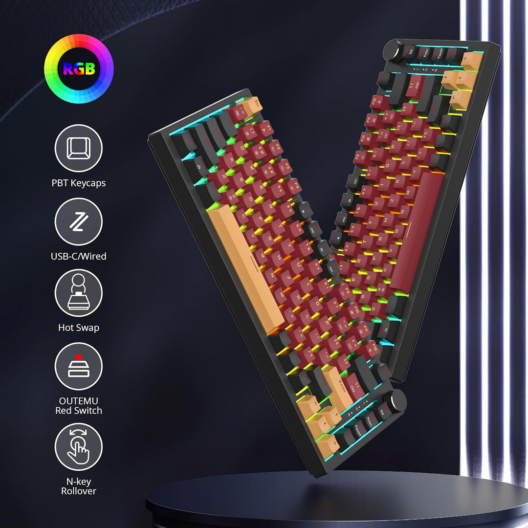 SOLIDEE 75% mechanische Gaming-Tastatur,hot-swap-fähige Tastatur mit rote Schalter,RGB-Hintergrundbe