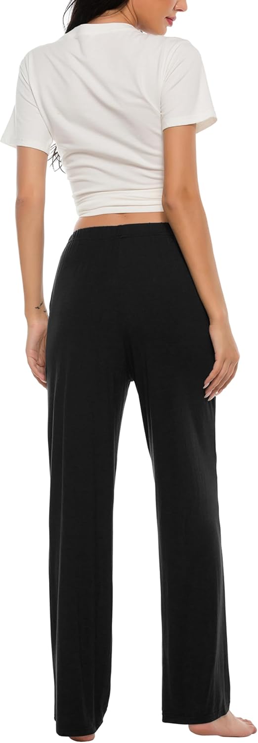 JINSHI Damen Schlafanzughose Lang Pyjamahose Weich Modal Nachtwäsche Freizeithose XS Schwarz+blau, X