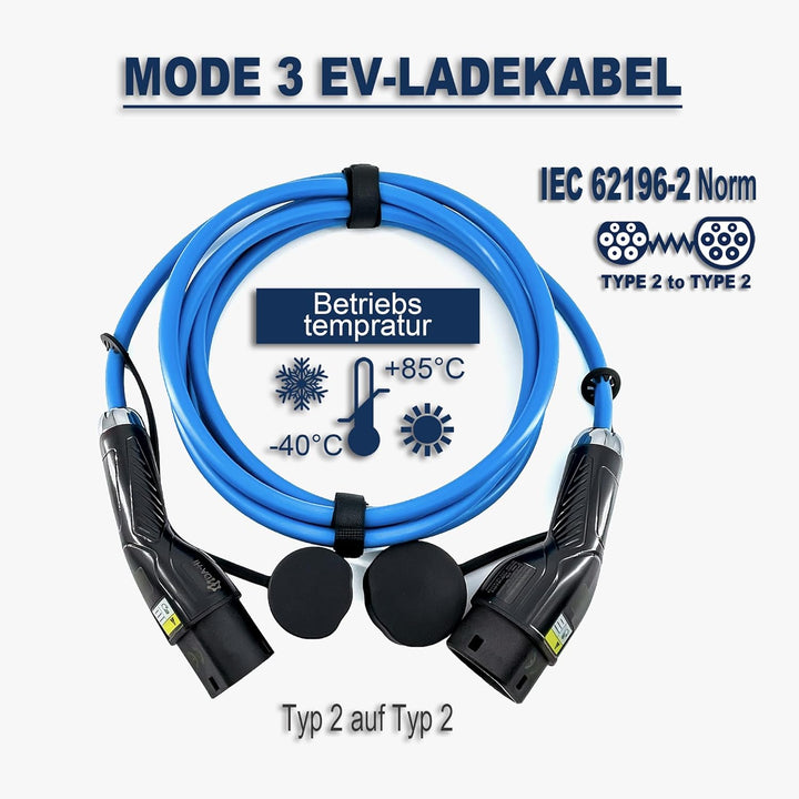 DA Hi Typ 2 auf Typ 2 Ladekabel für EV PHEV Elektroauto und Plug in Hybrid in schwarz/Blau (11KW-16A