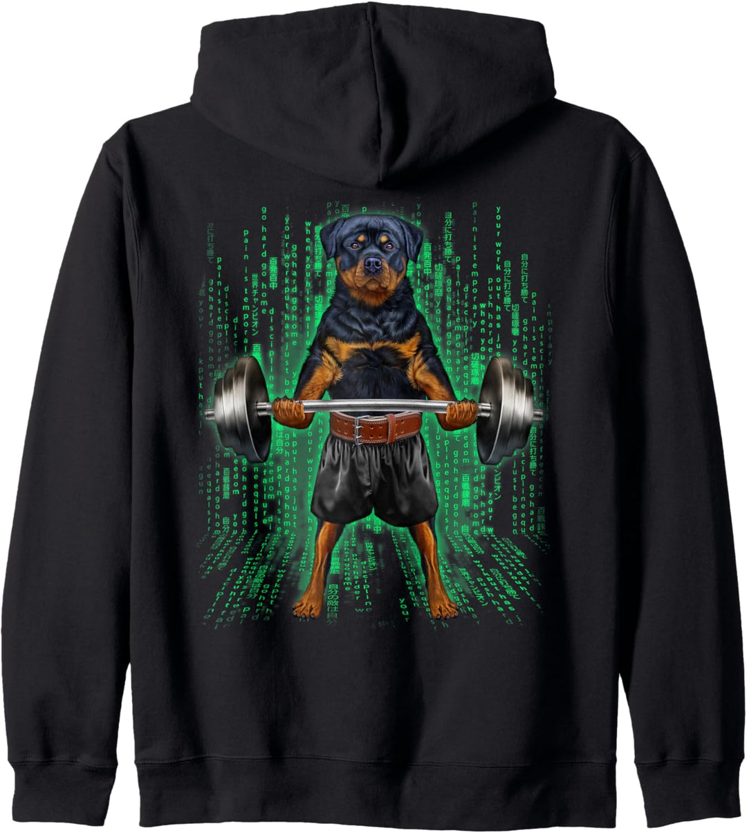 Rottweiler Hund, der Gewichte im Cyber-Fitnessstudio hebt Kapuzenjacke