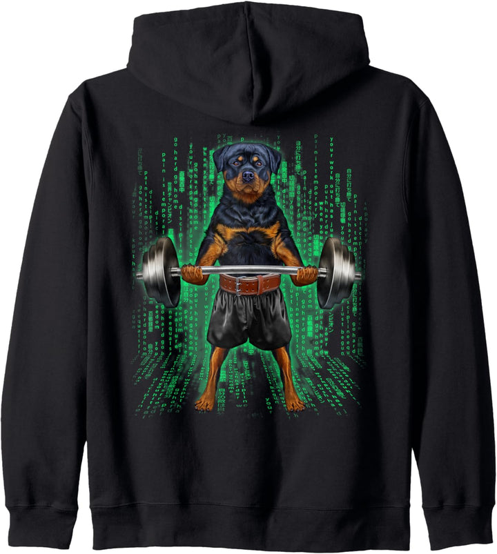 Rottweiler Hund, der Gewichte im Cyber-Fitnessstudio hebt Kapuzenjacke