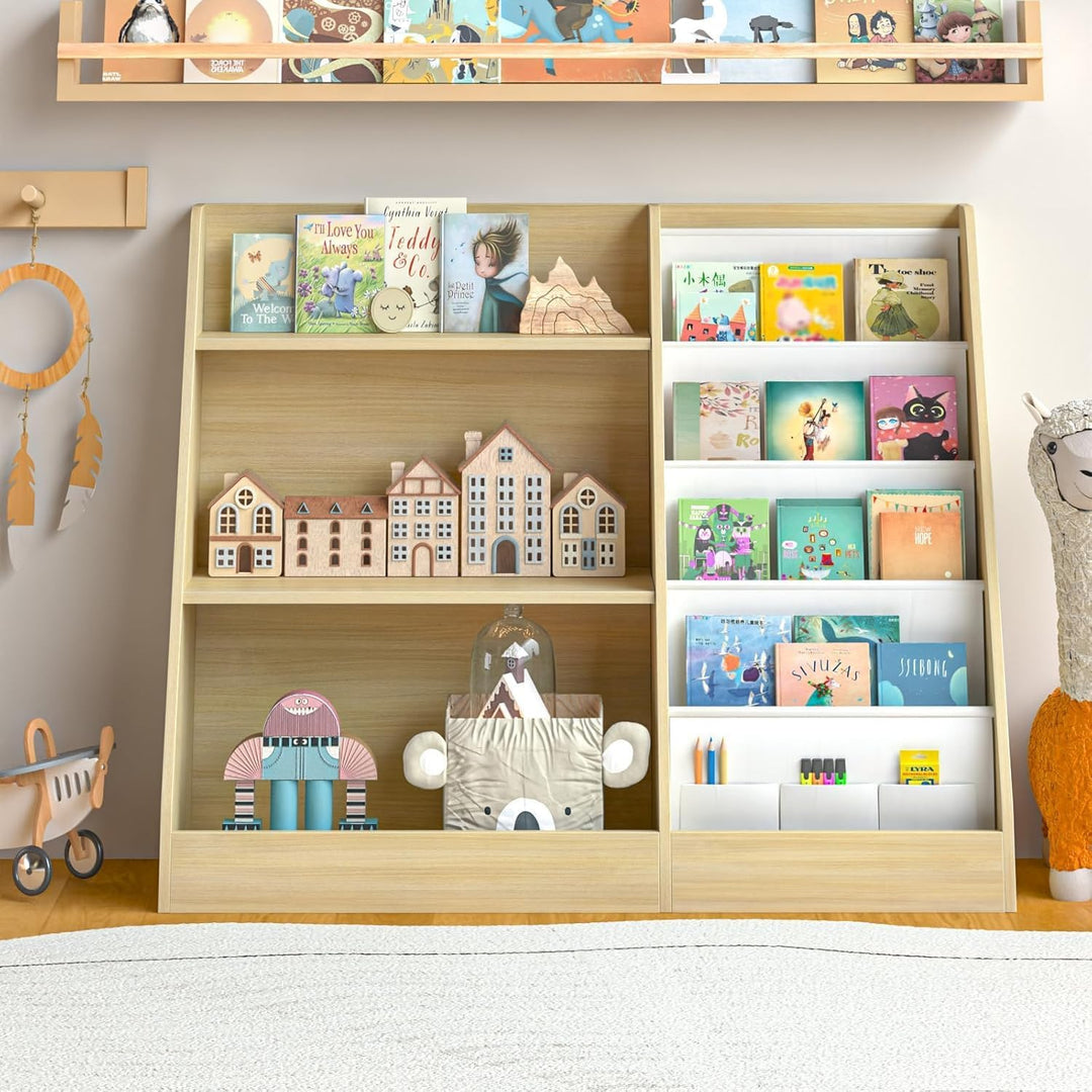 Kinderregal mit 4 Ablage und 3 offenen Fächern, Bücherregal für Kinder, Kinderzimmerregal, Bücherreg