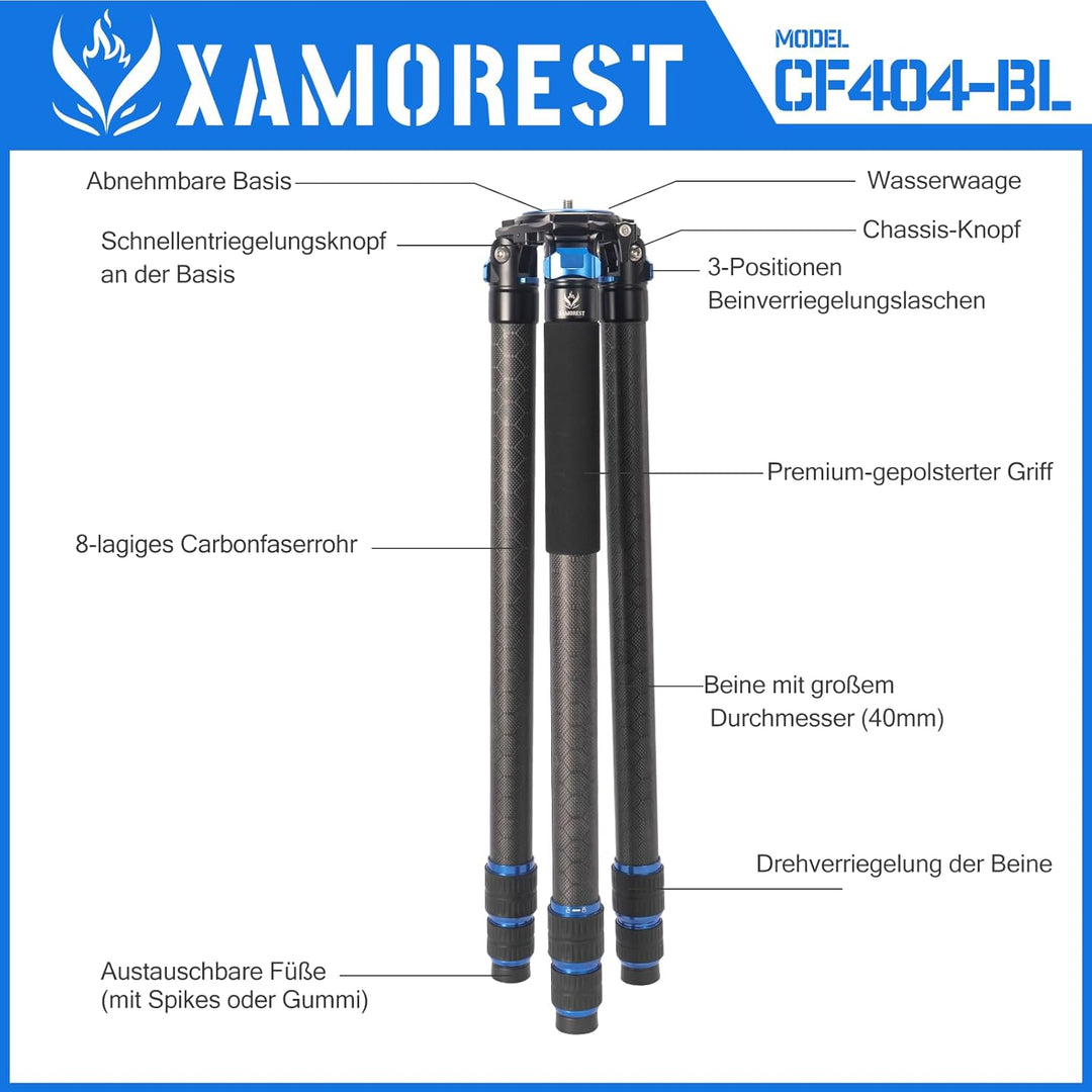 CF404-BL Jagdstativ aus Kohlefaser, Robustes Stativ ohne Mittelsäule, 40 mm Rohrdurchmesser, CF404-B