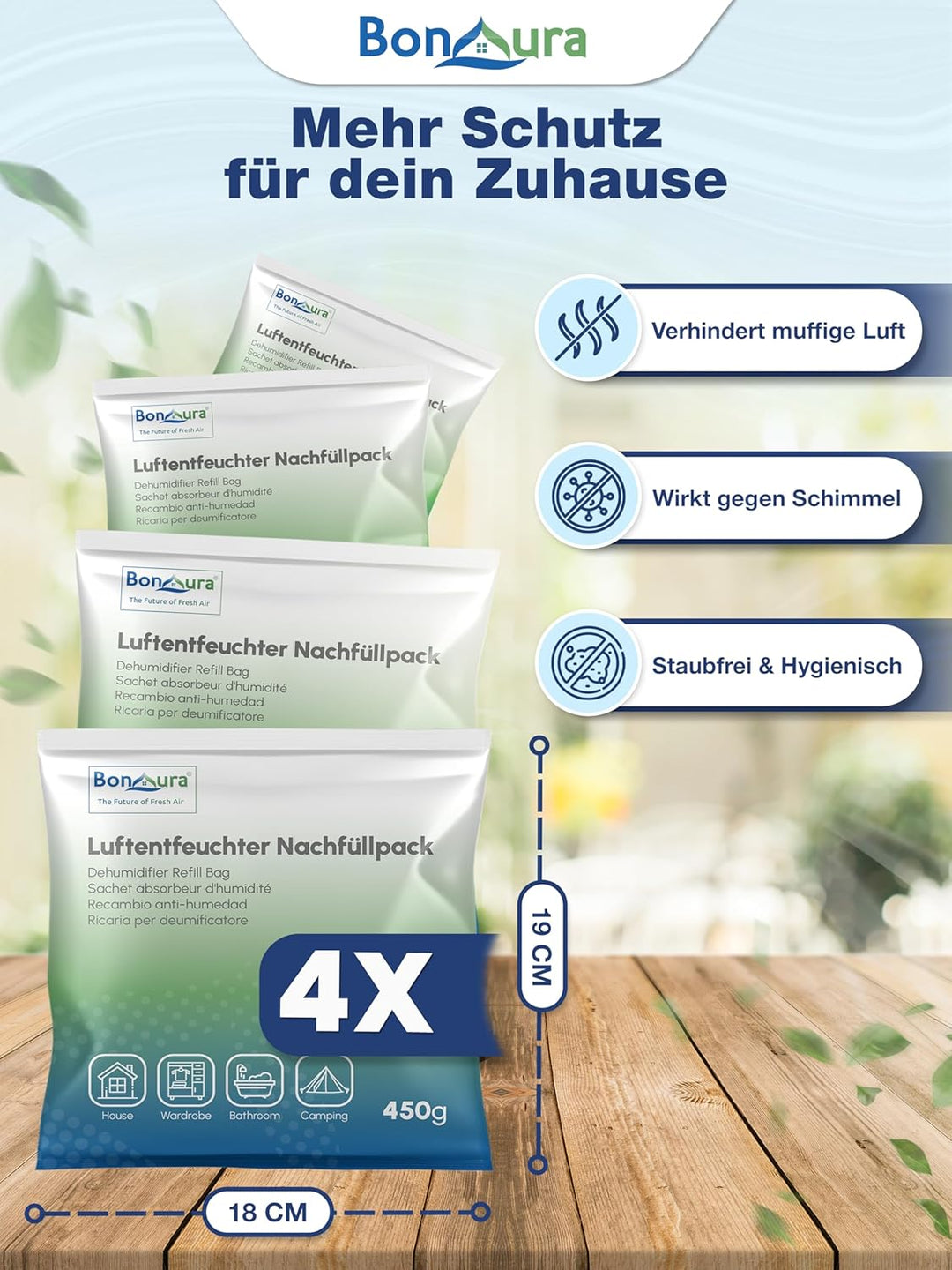 BonAura® Luftentfeuchter Nachfüllpack 4x 450g - Sparset Luftentfeuchter Granulat - 4er Set Entfeucht
