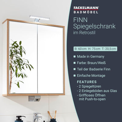 FACKELMANN Finn Spiegelschrank (60 x 75 x 20,5 cm) – Wandschrank mit Spiegel hängend mit 2 Einlegebö