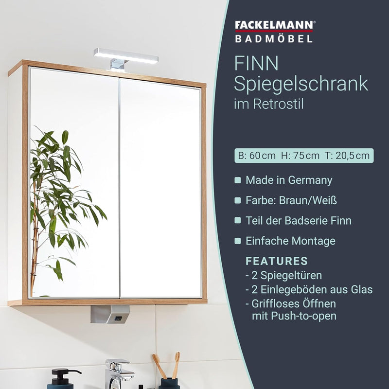 FACKELMANN Finn Spiegelschrank (60 x 75 x 20,5 cm) – Wandschrank mit Spiegel hängend mit 2 Einlegebö