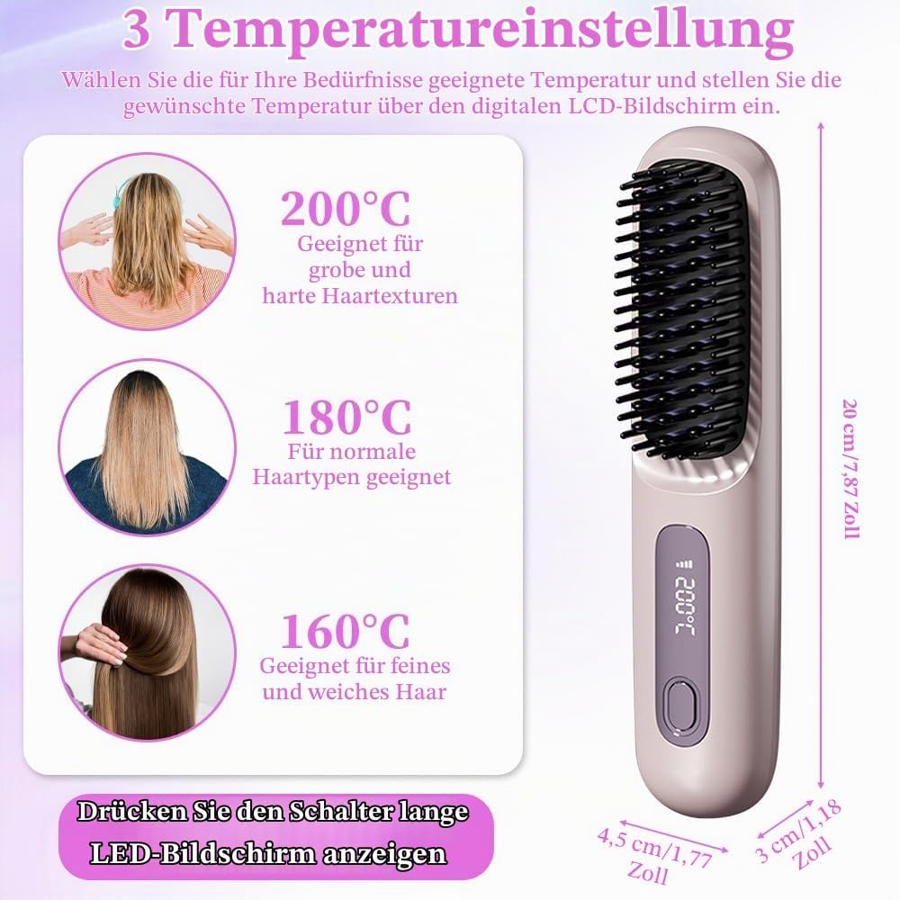 Glättbürste Kabellos, Haarglätter Bürste, Kabellose Glättbürste, Mini Glätteisen Tragbare Glättungsb