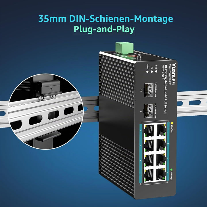 YuanLey 10-Port Industrie-Switch mit 8X PoE Gigabit &amp; 2X SFP Ports, Unmanaged PoE Switch mit 120W Ne