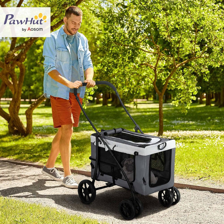 PawHut 2 in 1 Hundewagen Hundebuggy klappbar für Hunde &amp; Katzen bis 10 kg Katzenbuggy mit Kissen Net