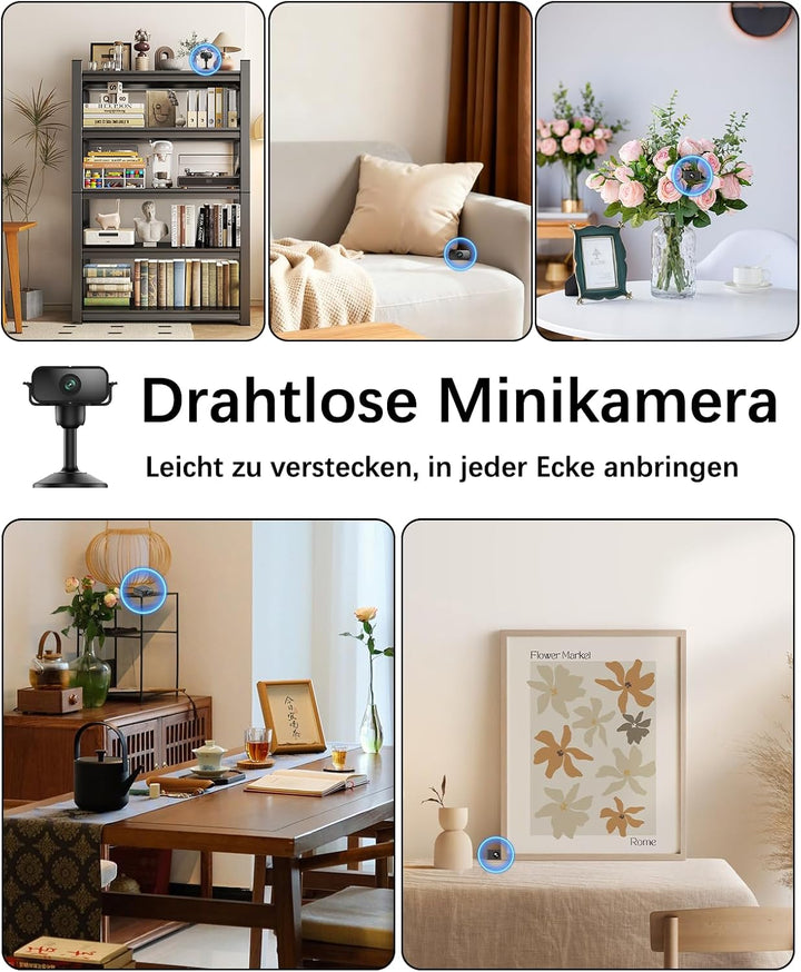 Mini Kamera, 4K Überwachungskamera Innen Live, WLAN 2,4/5G-Graphitschwarz, Graphitschwarz