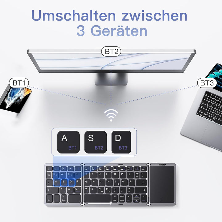 OMOTON Bluetooth-Faltbare-Tastatur, Kabellose Wiederaufladbare Klapptastatur mit Touchpad,3 Bluetoot