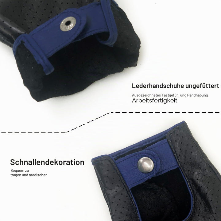 ZLUXURQ Herren-Lederhandschuhe Vollmaschige Fingerlose Halbfinger-Fahrhandschuhe Small-8.5" Schwarz