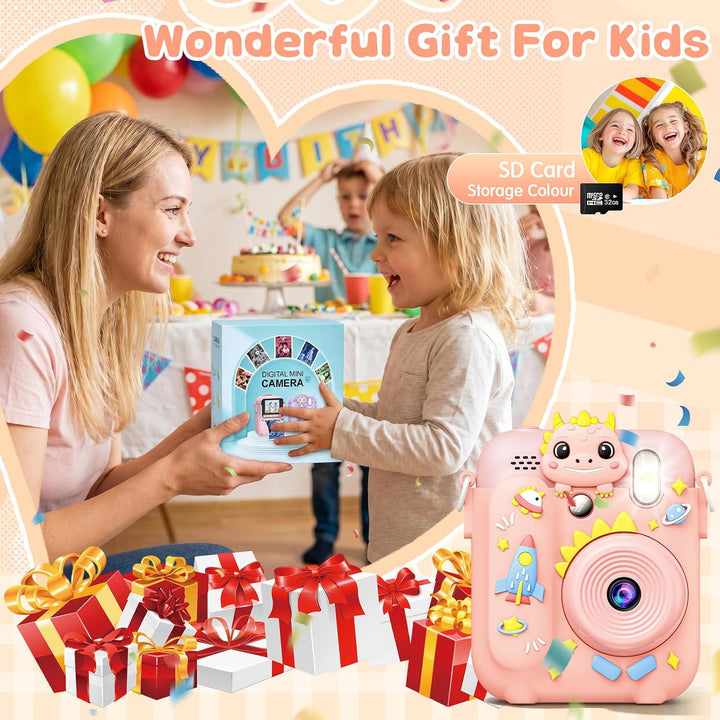 Sofortbildkamera Kinder mit 5 Rollen Druckpapier und 32GB-Karte | Dinosaurier Kinderkamera, 2,4 Zoll