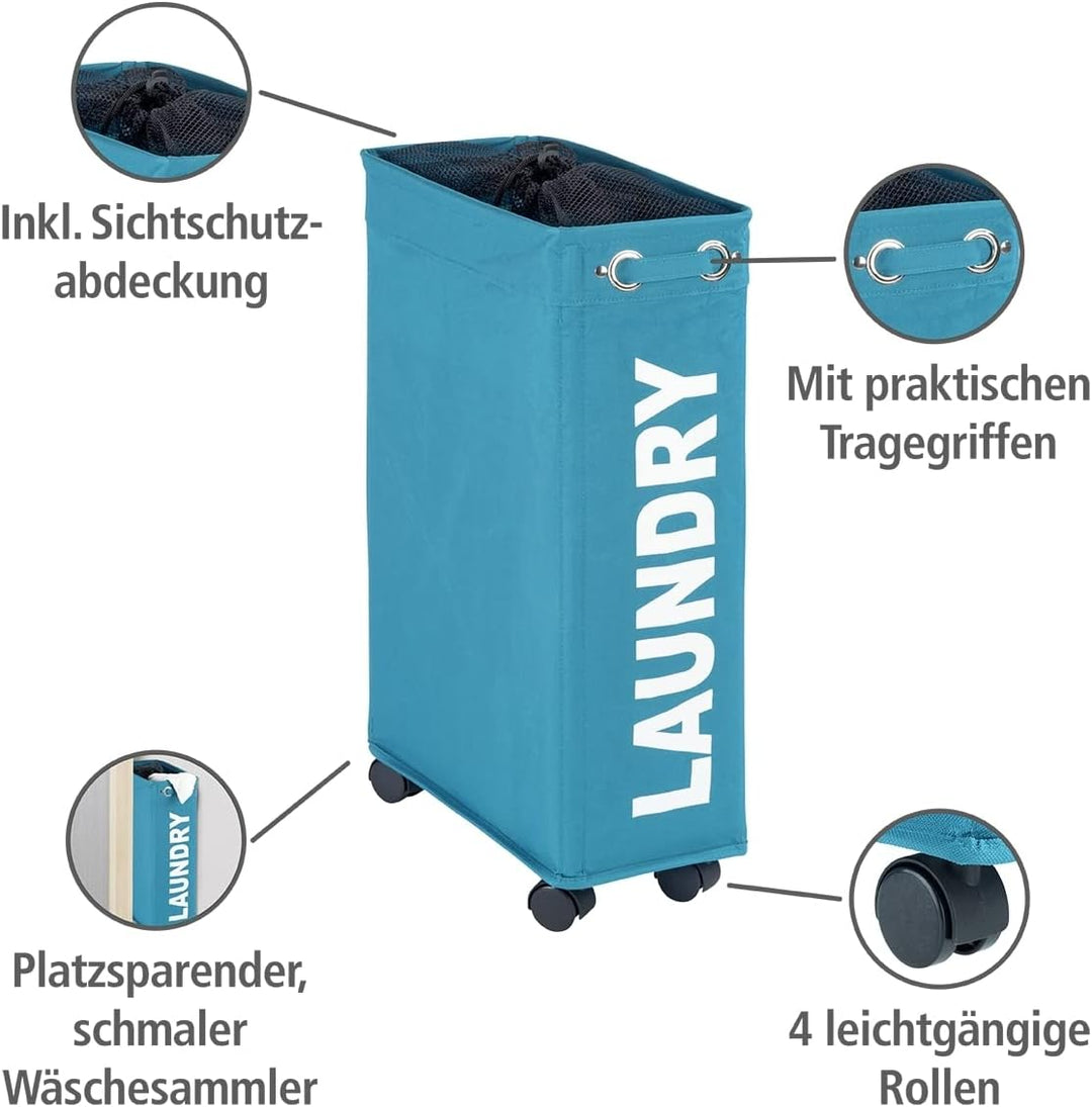 WENKO Wäschesammler Corno Petrol, stabiler schmaler Wäschekorb mit vier leichtgängigen Rollen und De