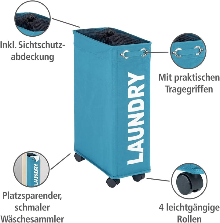 WENKO Wäschesammler Corno Petrol, stabiler schmaler Wäschekorb mit vier leichtgängigen Rollen und De