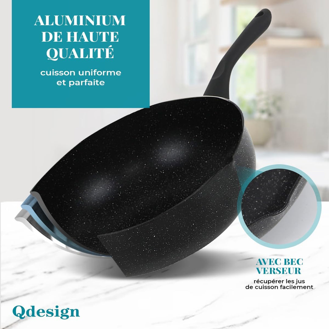 QDESIGN BLACKMARBLE+ Kochgeschirr 6 tlg. - 2 Pfannen + 2 Töpfe kratzfest Aluminiumguss, Antihaftbesc
