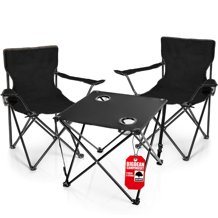 BigDean 2 Stück Campingstühle & Campingtisch faltbar – Faltstuhl in Schwarz mit Getränkehalter & Tra