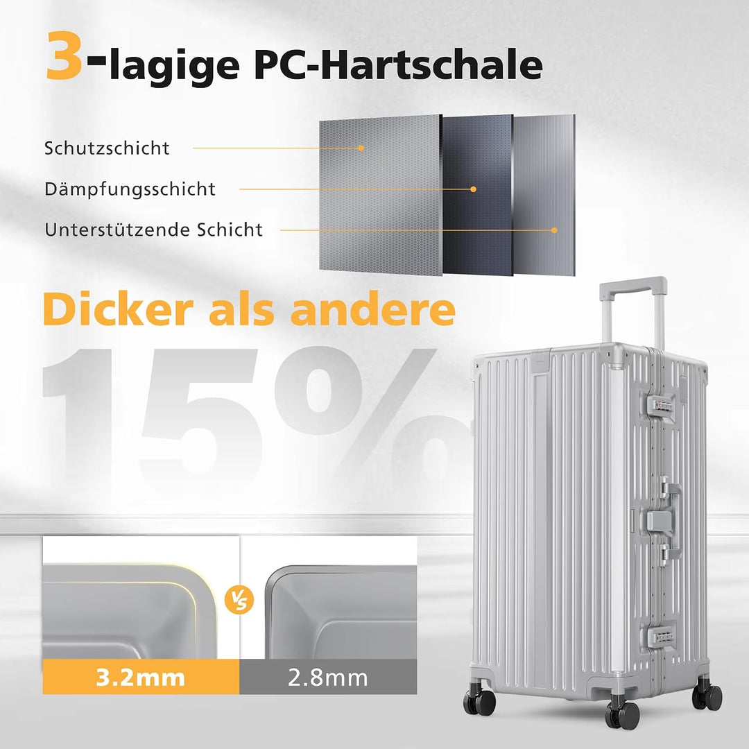 ALPHA CAMP Koffer XL Aluminium Rahmen &amp; Polycarbonat Hartschale mit TSA Schloss Koffer Silber Gross