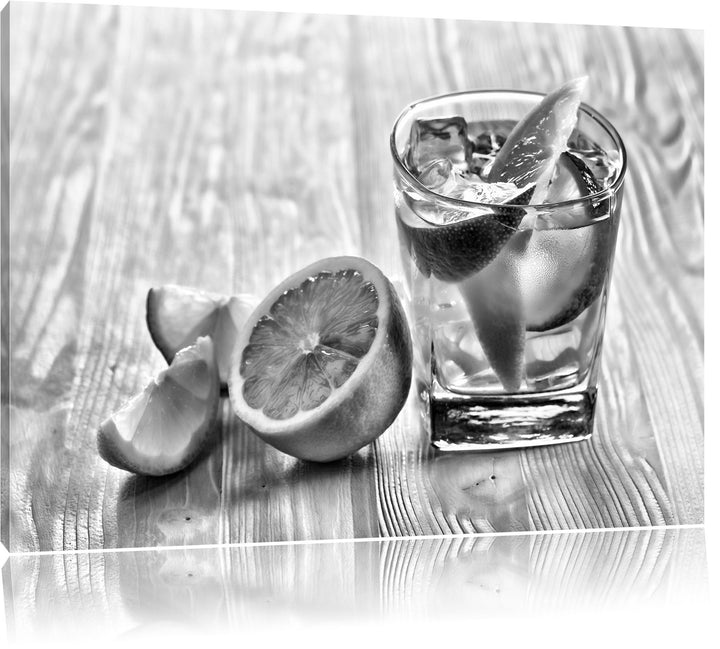 Pixxprint Monocrome, Gin Tonic Shot mit Zitronen, Format: 100x70 auf Leinwand, 100x70