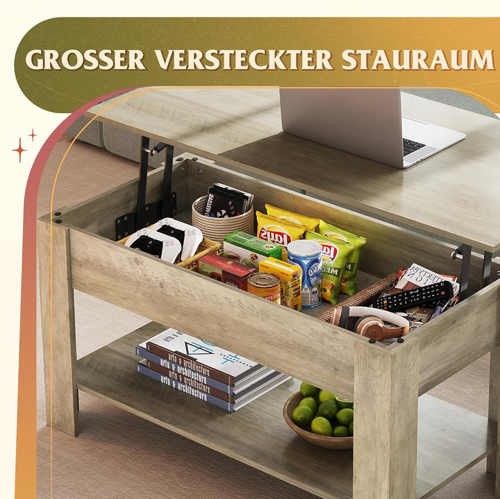 WLIVE Höhenverstellbarer Couchtisch mit Ablage, Wohnzimmertisch Rechteckig mit Offener und versteckt