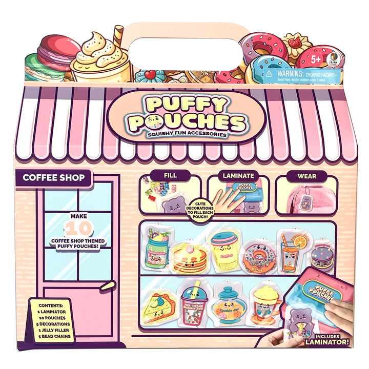 Squishy Fun Accessories Coffee Shop Set, 10 Befüllbare Beutel mit Laminator, Gelee-Füllung und Perle