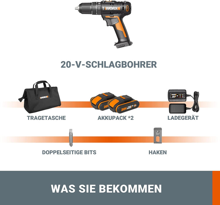 WORX WX370.1 Akku Schlagbohrschrauber 20V - 50Nm, 2-Gang-Getriebe & LED-Licht - zum Schrauben, Bohre