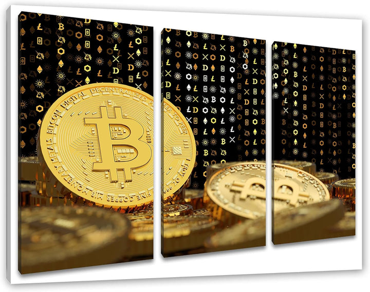 Bitcoin BTC Kryptowährung als Leinwandbild 3 teilig | Grösse: 120x80 cm | Wandbild | Kunstdruck | fe