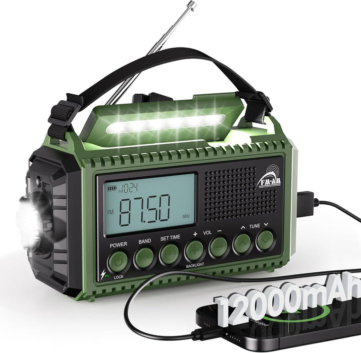 AM/FM/SW Kurbelradio mit 12000mAh Akku Wiederaufladbare, Tragbare Camping Radio mit Taschenlampe & L