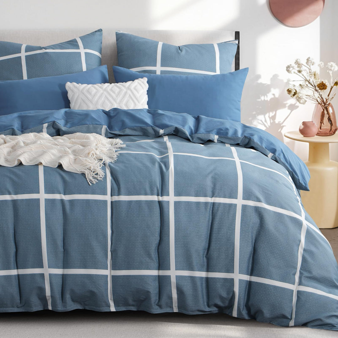RUIKASI Bettwäsche 220x240 Baumwolle 3 teilig Denimblau - Baumwollbettwäsche 220 x 240 mit Karo Blau