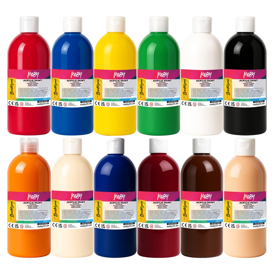 Acrylfarben Set 12 x 500ml – Leuchtende, deckende Künstlerfarben für Leinwand, Papier, Holz, Stein &