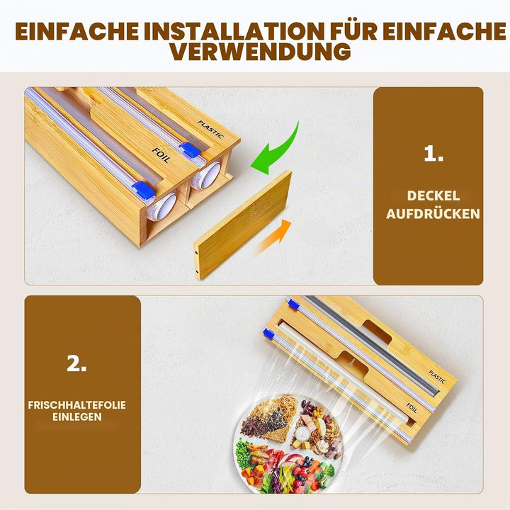 QINGLOU Folienschneider,2 in 1 Folienspender Mit Cutter, Bambus/Folienabroller,Frischhaltefolie, Wac