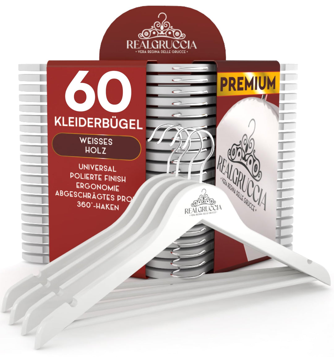 60 Kleiderbügel aus Holz Anti-Rutsch-Einkerbungen Holzbügel RealGruccia Farbe Weiss von Hosen Anzüge