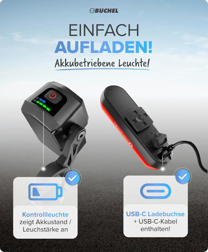 BÜCHEL Fahrradlicht Set - USB-C Fahrrad Lichter LED Set mit 8h Leuchtdauer & Kontrollanzeige - Front