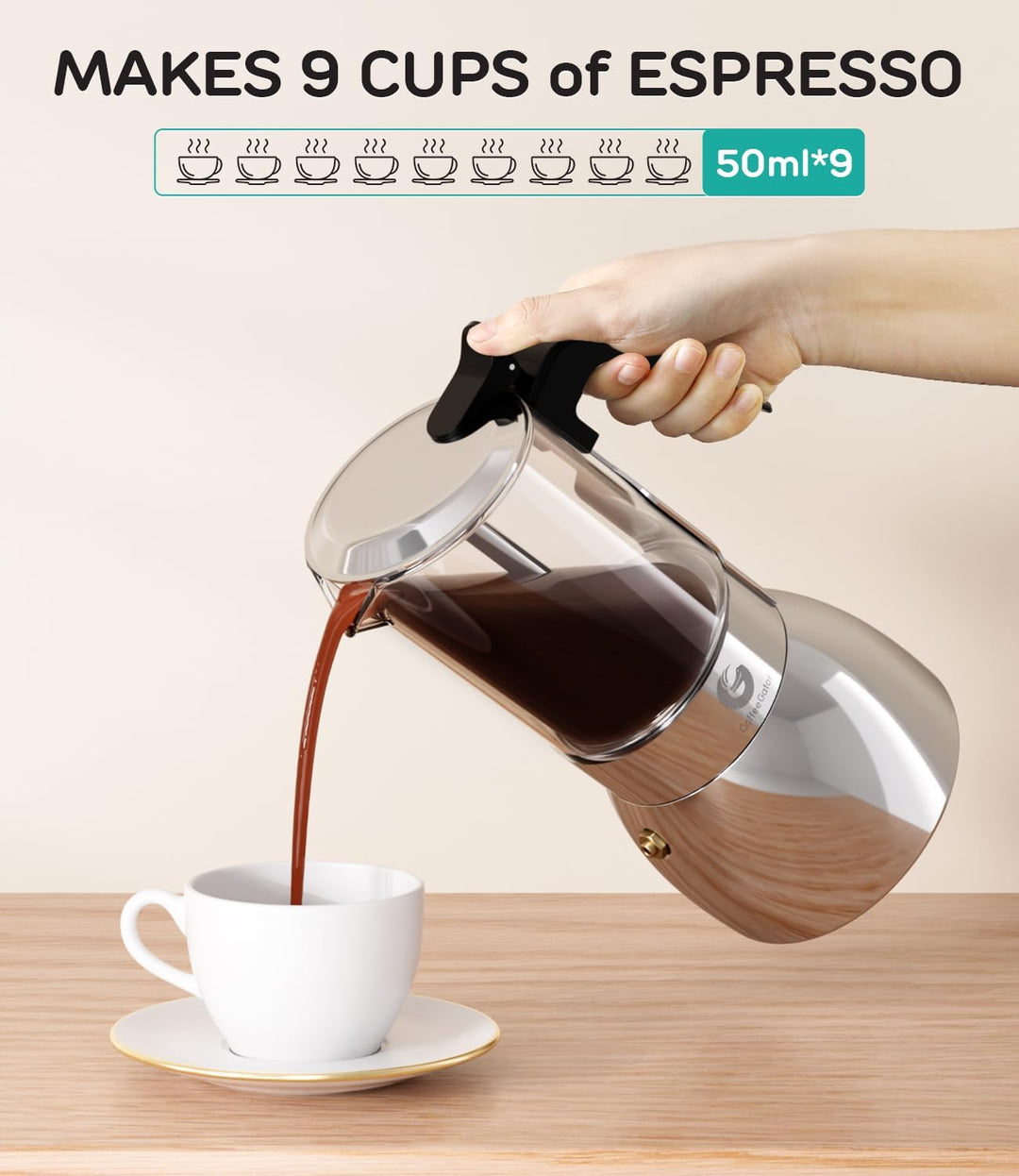 Coffee Gator Espressokocher Herdplatten, Espresso Mokkakanne aus Klarglas & Edelstahl - Kaffee Nach