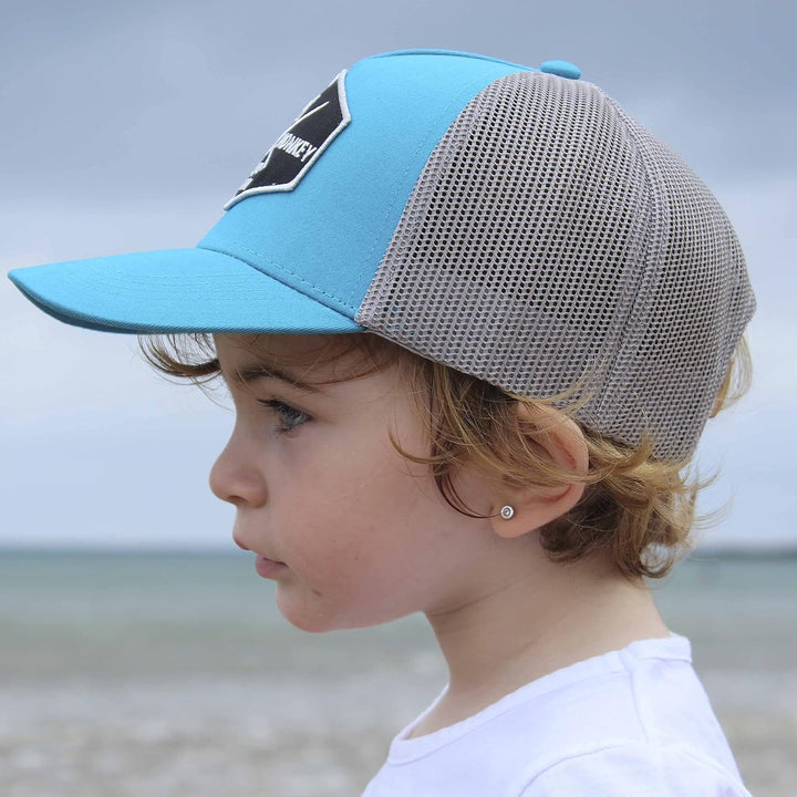 SURF MONKEY Trucker Cap mit 5 Paneelen mit Netzstoff für Jungen / Mädchen - Cap 6-12 Jahre Blau/Grau