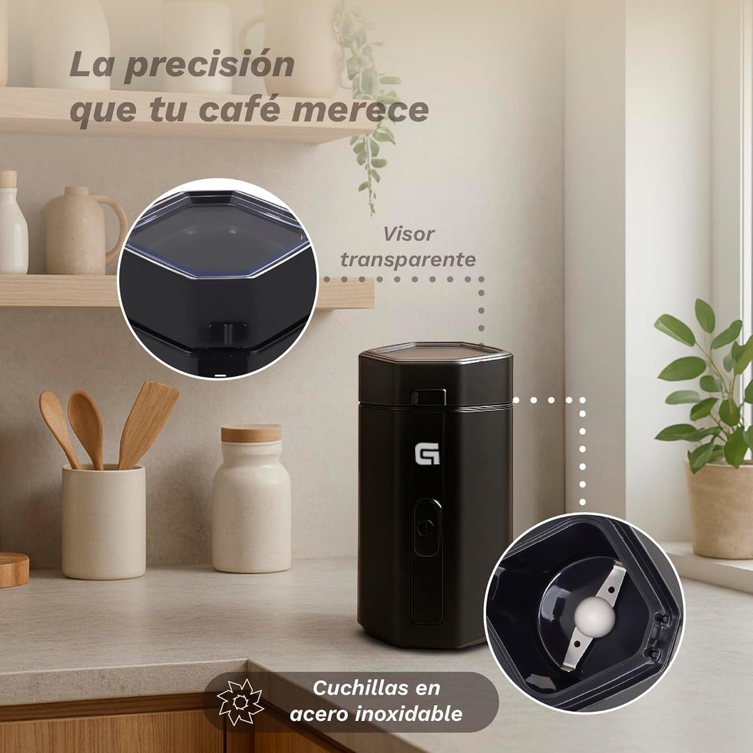 Grunkel Elektrische Kaffeemühle mit Druckknopf und transparentem Visier - MO-150R - Kapazität 50 g,