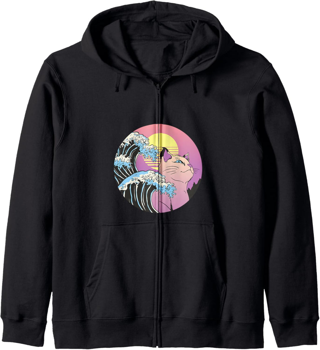 Grosse Welle japanische Anime Cat Vaporwave Ästhetik Kapuzenjacke