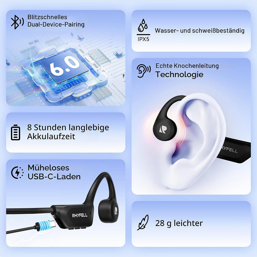 Knochenschall Kopfhörer, Open Ear Bluetooth 6.0 Sportkopfhörer, Geeignet für Laufen Orange und Grau,