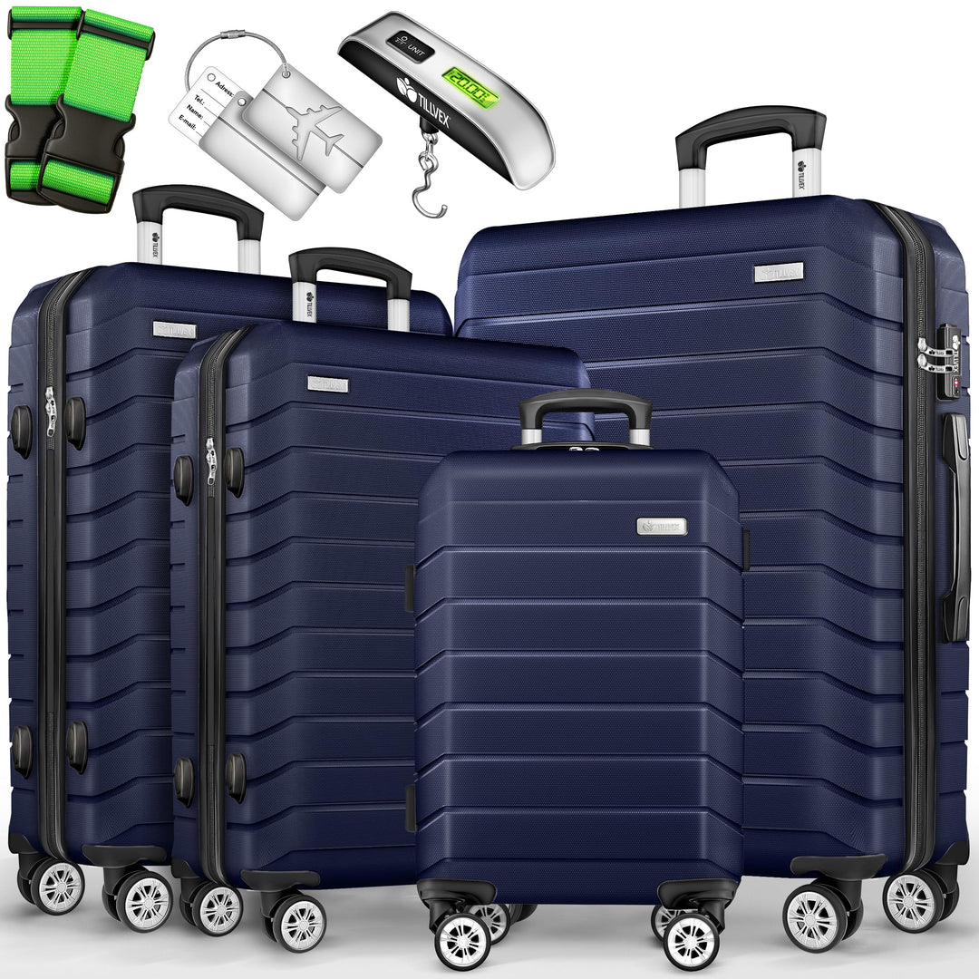 tillvex® Reisekoffer Set 4-teilig + Gepäckwaage, 8X Koffergurte & 4X Kofferanhänger | Kofferset 4 Ro