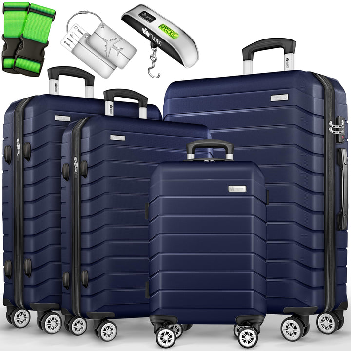 tillvex® Reisekoffer Set 4-teilig + Gepäckwaage, 8X Koffergurte & 4X Kofferanhänger | Kofferset 4 Ro