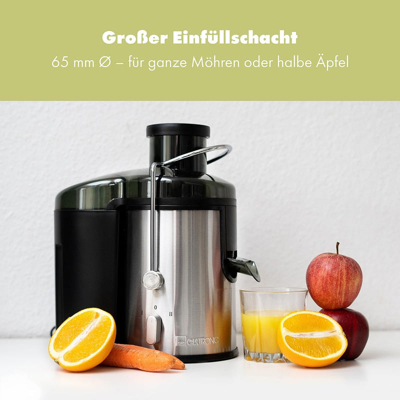 Clatronic AE 3666 Automatik-Entsafter, Edelstahl-Gehäuse, Grosse Einfüllöffnung, 2 Geschwindigkeitss