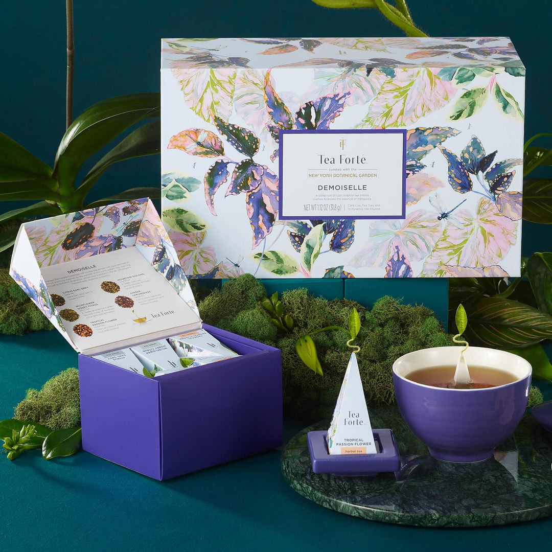 Tea Forte Geschenk-Set mit Kaffeetasse, Teetablett und 10 handgefertigten Pyramiden-Tee-Ei (Demoisel