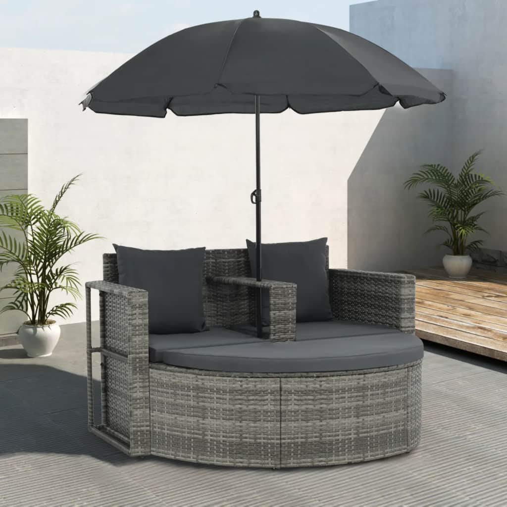 Festnight Polyrattan Gartensofa 2-Sitzer mit Sonnenschirm und Fusshocker |Gartenmoebel Sonneninsel R