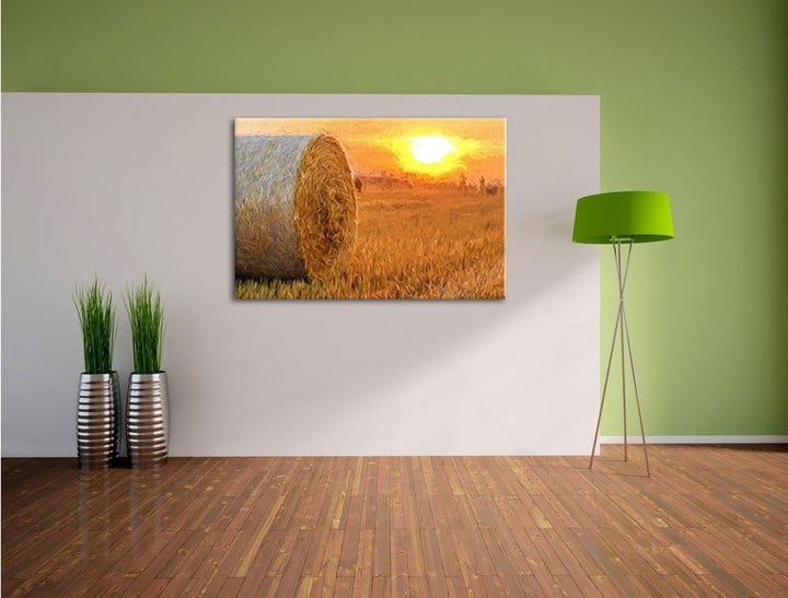 Pixxprint Strohballen auf Feld als Leinwandbild/Grösse: 100x70 cm/Wandbild/Kunstdruck/fertig bespann